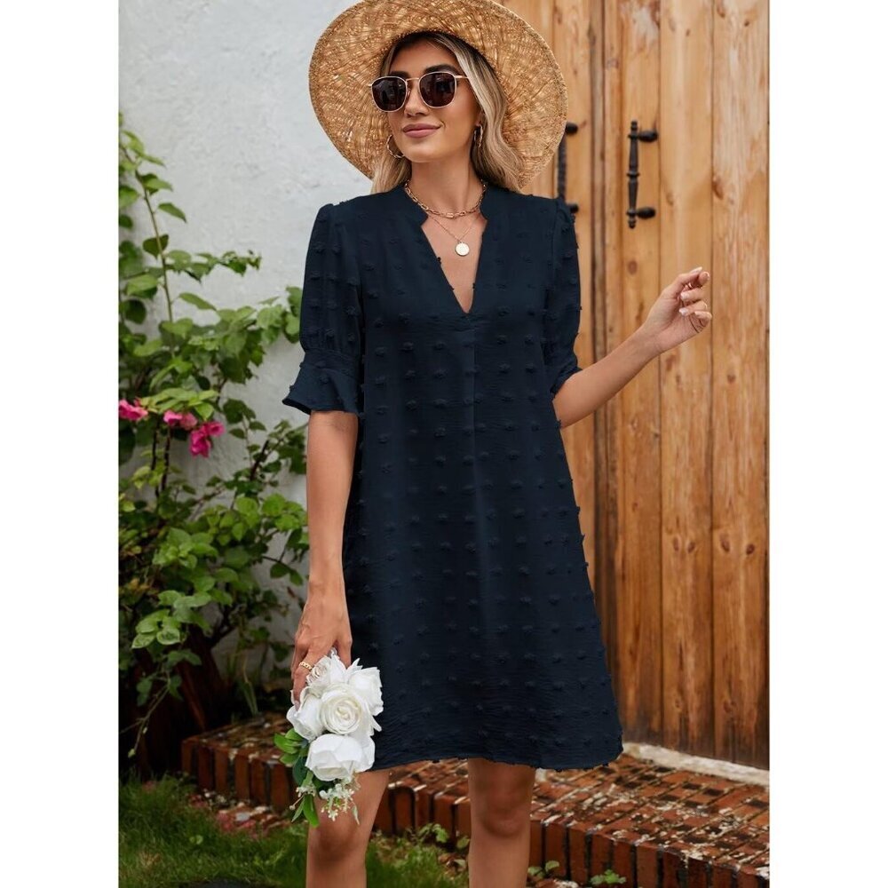 Women Royal Blue Polyester V-Neck Loose Fit Short Sleeve Knee Length Shift Dress - Picture 4 of 6